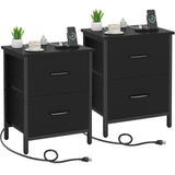 Vagusicc Nightstand Set of 2 with Charging Station, End Table Bedside Table with Power Outlet & USB Ports, Side Table with 2 Fabric Drawers for Bedroom, Living Room, Black Vagusicc