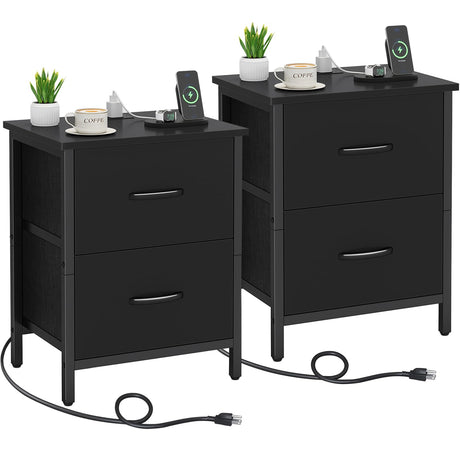 Vagusicc Nightstand Set of 2 with Charging Station, End Table Bedside Table with Power Outlet & USB Ports, Side Table with 2 Fabric Drawers for Bedroom, Living Room, Black Vagusicc