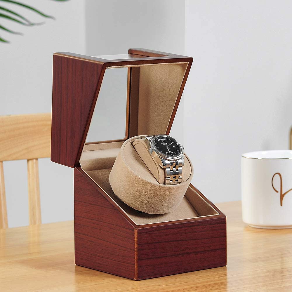 Automatic Single Watch Winder with Quiet Japanese Motor,AC Adapter or Battery Powered,Premium Leather Exterior and Soft Flexible Watch Pillows for Men's and Women's Watches (Wood texture-WW138R) LINGFANSTORE