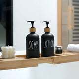 MOMEEMO Black Soap Dispenser Bathroom Set, Set with Glass Dispenser, Bamboo Pumps & Tray. Hand and Lotion Suitable for Farmhouse Decor. (Black) MOMEEMO