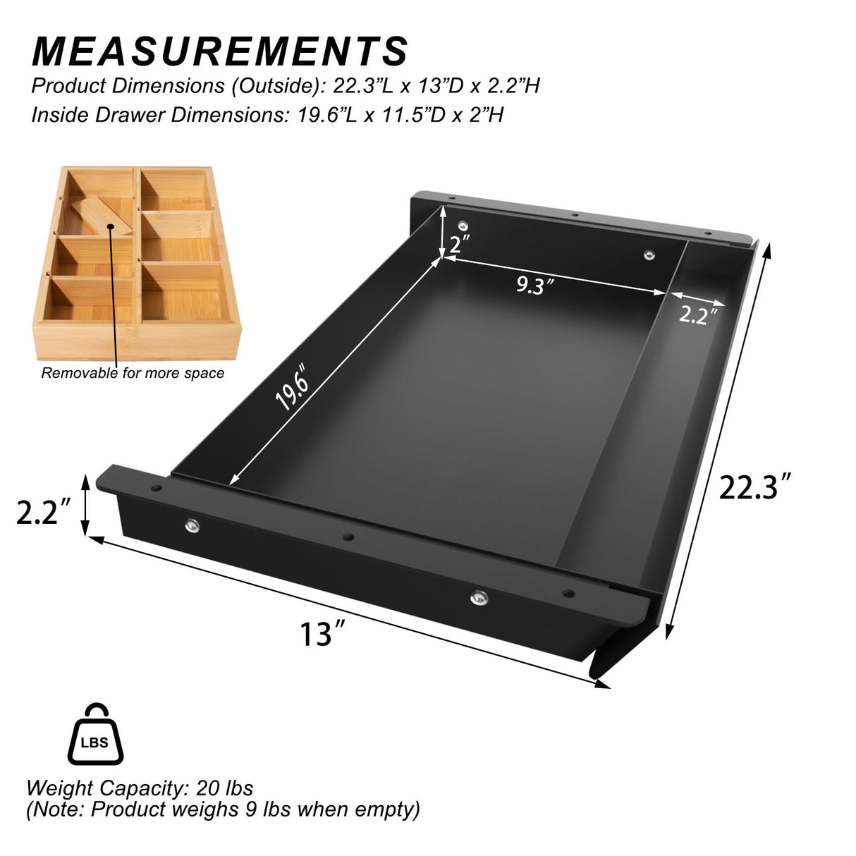 Large Under Desk Mounted Sliding Drawer with Bamboo Tray and 60 Degree Tilt Panel to Pull Out, 22'' Long & 13'' deep Large Storage Organizer for Sit Stand Workstation Gaxomo