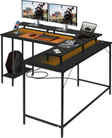 Panana 53.5" L Shaped Computer Desk Gaming Desk with LED Lights and Power Outlets, Reversible L Shaped Corner Desk with Monitor Stand, Home Office Desk with Shelf and USB Port (Black) Panana