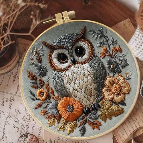Huacan Embroidery Kit for Beginners Adults Includes Stamped Owl Pattern, Hoop, Color Threads,Tools,Easy to Follow Instruction