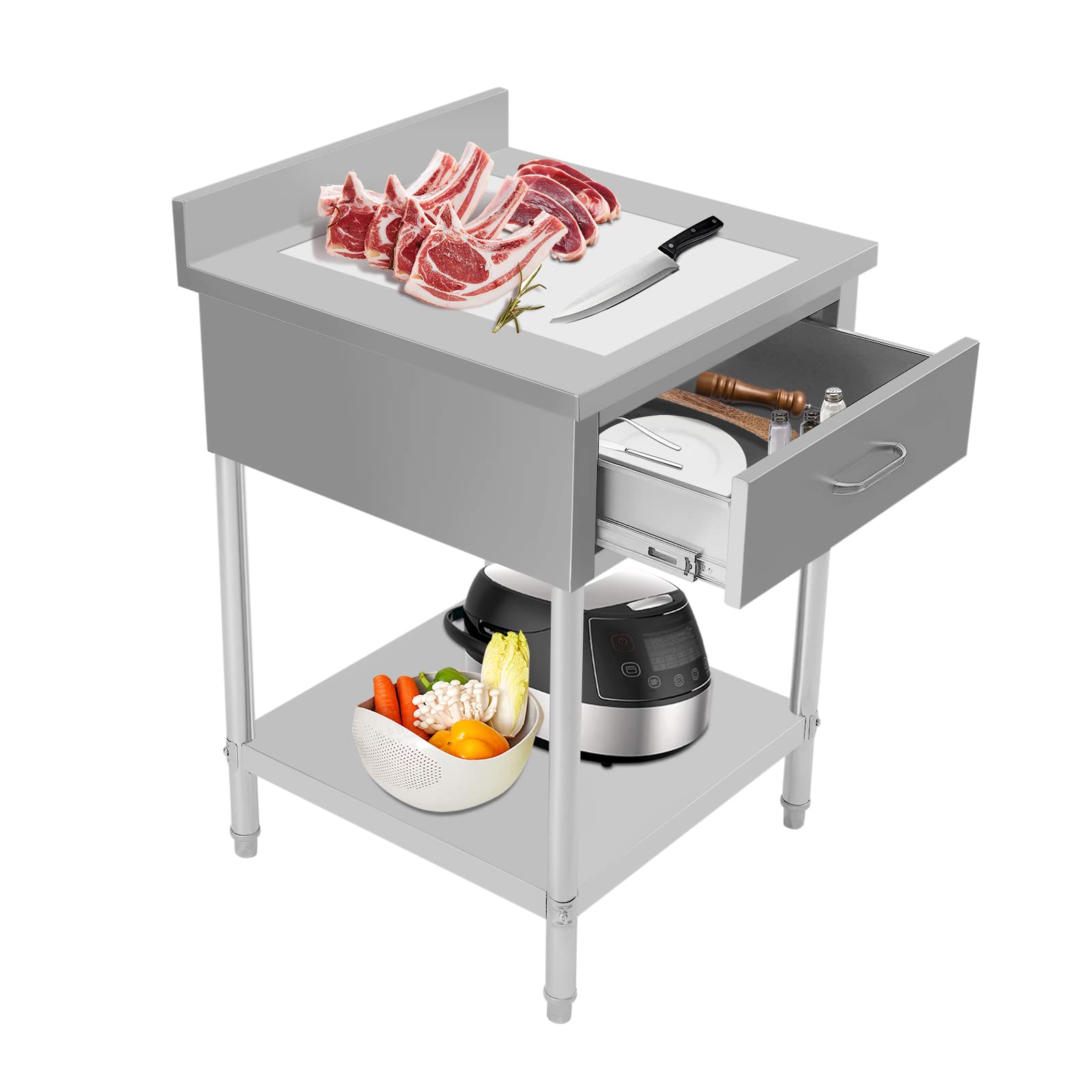 Stainless Steel Table for Prep & Work, 24''x24'' Commercial Heavy Duty Food Prep Worktable with Drawer, Undershelf and Backsplash for Kitchen, Restaurant, Hotel - 661.39Lbs Load Capacity - WoodArtSupply