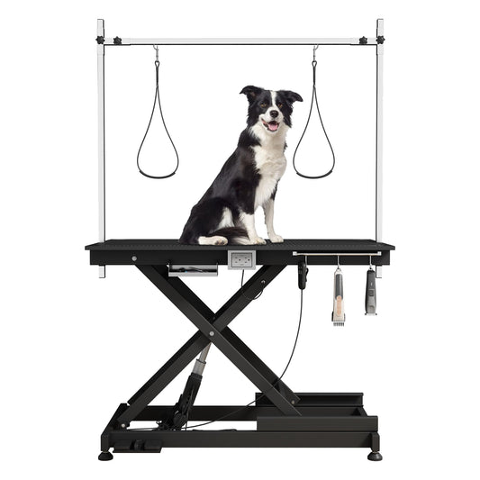 Afqxf Electric Lift Pet Grooming Table, Heavy Duty Professional X-Type Electric Lift Dog Grooming Table for Large Dogs, with Overhead Arm, Clamps and Two Grooming Noose, 50''/ Black