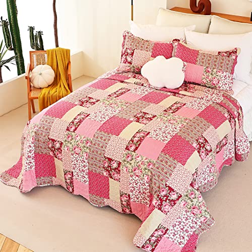 Cmfshape Summer Floral Queen Quilted Bedspread,Romantic Pink Quilt Set Full,Reversible Stitched Bedding Set All Season,Soft Lightweight Coverlet with Pillow Cases (Hot Pink&Rose, Queen90 x90) Cmfshape