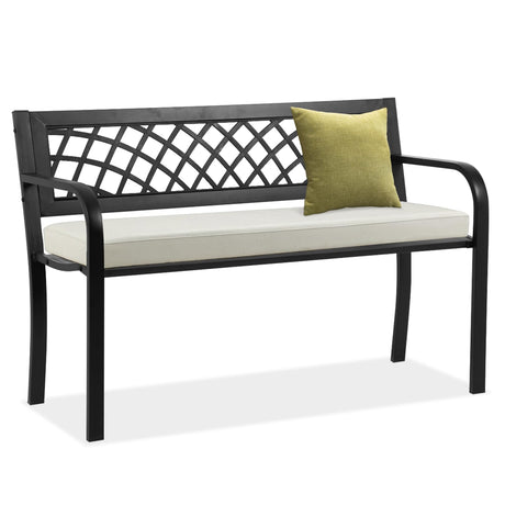 BSTOPHKL Outdoor Bench,Patio Garden Benches,Metal Weatherproof Porch Bench with Grid-Patterned Backrest and Armrest for Park Courtyard Porch,Bearing Capacity 480lbs,Black BSTOPHKL