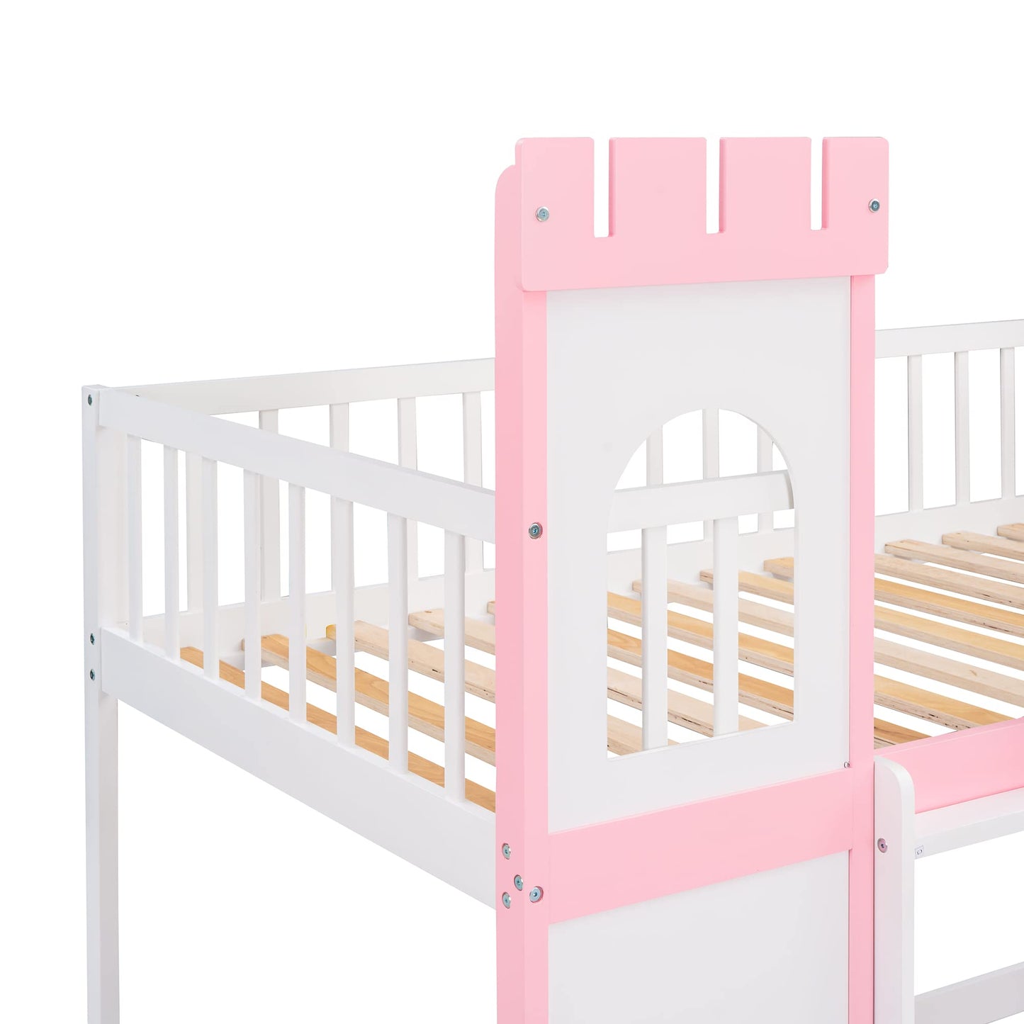 MERITLINE Kids Low Bunk Bed Twin Over Twin, Wooden Castle Shape Loft Bunk Bed Frame for Kids, Toddler Bunk Beds with Safety Rail and Ladder, Floor Bunk Bed for Boys Girls Bedroom Dorm (Pink)