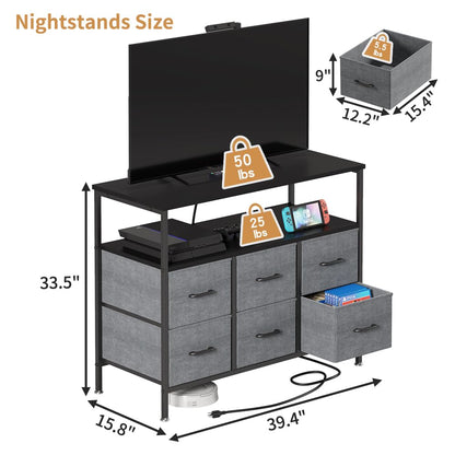 TV Stand Dresser with Power Outlet Charging Station for Bedroom with 6 Large Fabric Drawers, Media Table Entertainment Center with Open Storage Shelves, Living Room Furniture