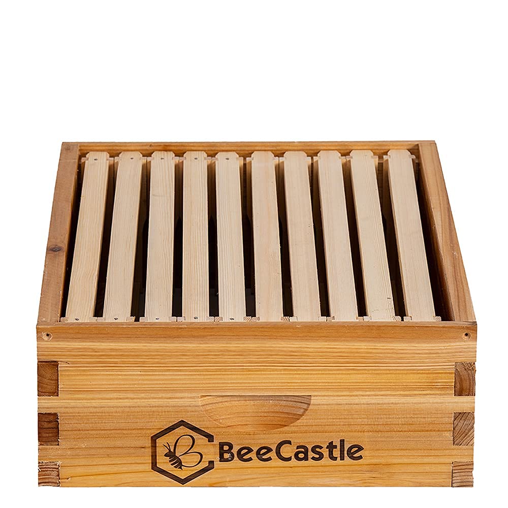 BeeCastle 10 Frame Medium Super Bee Hive Box, Langstroth Honey Bee Hive Dipped in 100% Beeswax Include Beehive Frames and Wax Foundations (Unassembled) - WoodArtSupply