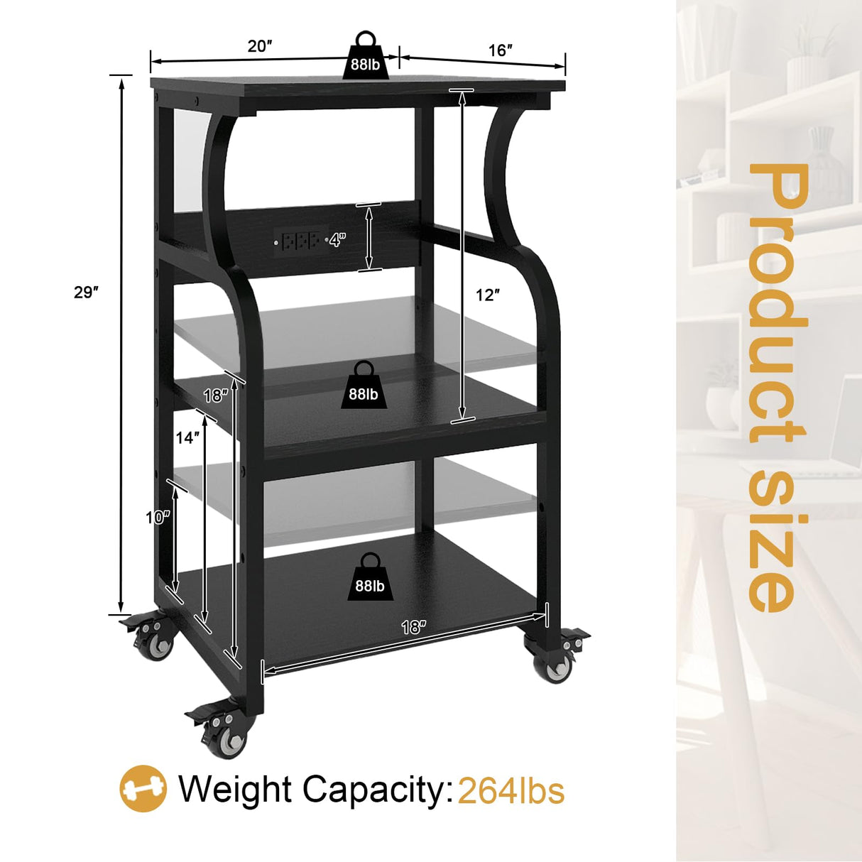 Natwind 3 Tier Printer Stand,Printer Table with Adjustable Storage Shelf, Rolling Printer Cart with Wheels for Home Office Organization,Multifunctional Shelves for Heat Press,3D Printer (Black) Natwind