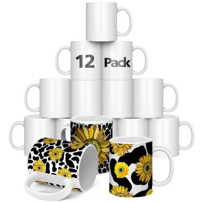 Dmsky Sublimation Mugs 11 OZ Blank Bulk Coffee Mug White Ceramic Photo Cups Tazas Para Sublimation Cup 12 pack With Box, Heat Tape, sublimation paper Ideal for Crafts and Printing