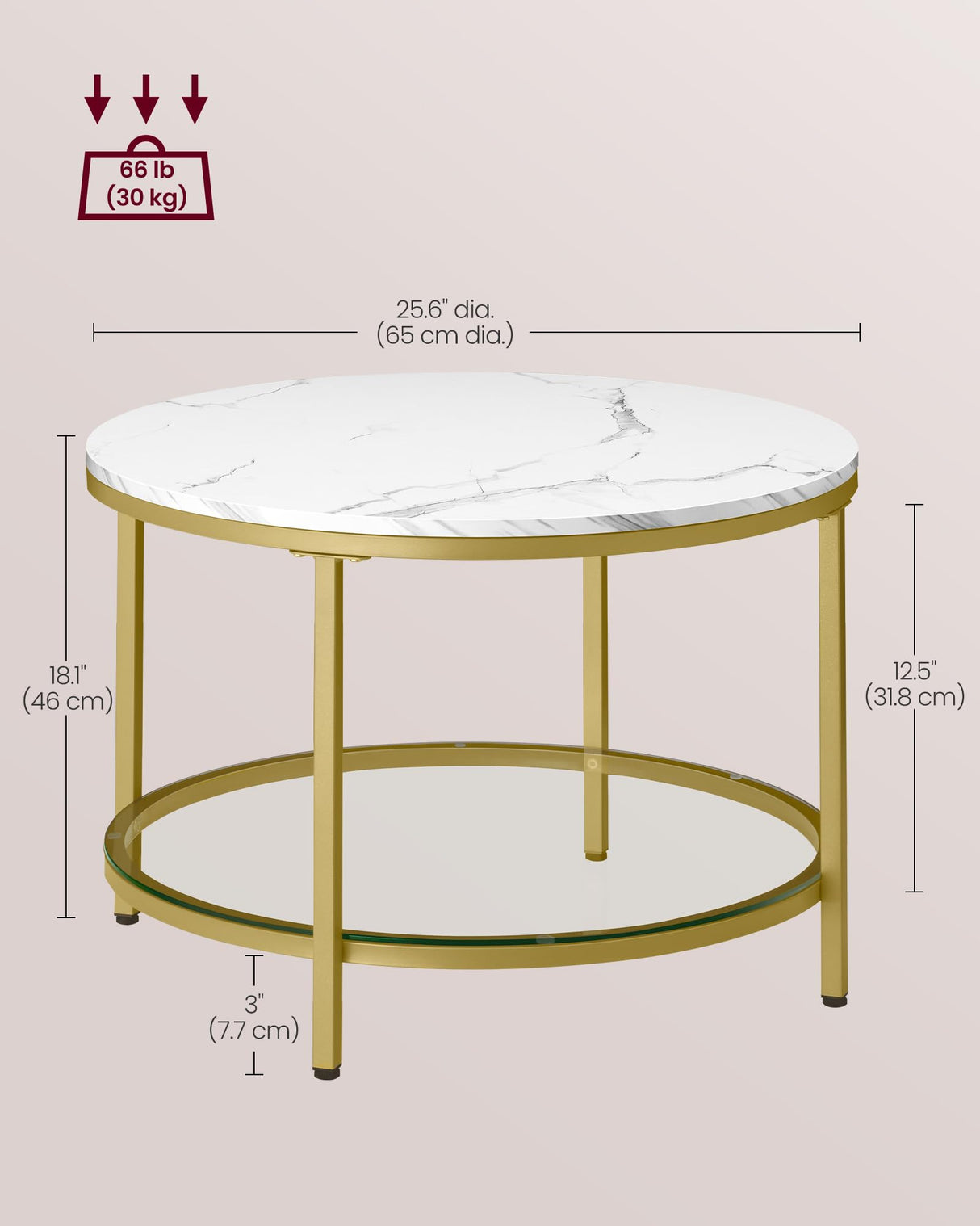 VASAGLE Round Coffee Table, Small Coffee Table with Faux Marble Top and Glass Storage Shelf, 2-Tier Circle Coffee Table, Modern Center Table for Living Room, Marble White and Pale Gold ULCT072W59 VASAGLE