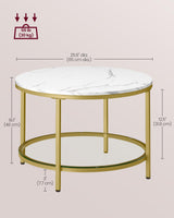 VASAGLE Round Coffee Table, Small Coffee Table with Faux Marble Top and Glass Storage Shelf, 2-Tier Circle Coffee Table, Modern Center Table for Living Room, Marble White and Pale Gold ULCT072W59 VASAGLE