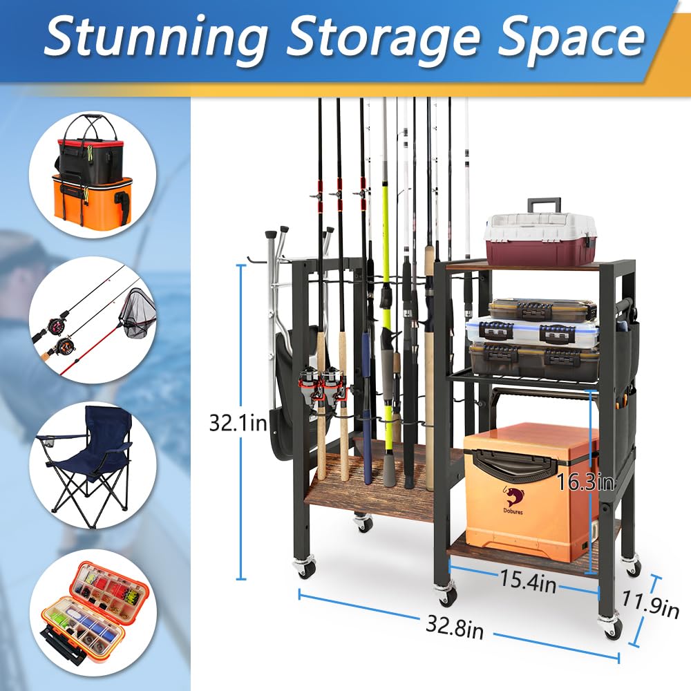 Dobures Fishing Rod Holder, 3-Tier Fishing Pole Rack, Fishing Equipment Organizer Tackle Storage Cart for Garage Organization, Holds up to 12 rods Dobures
