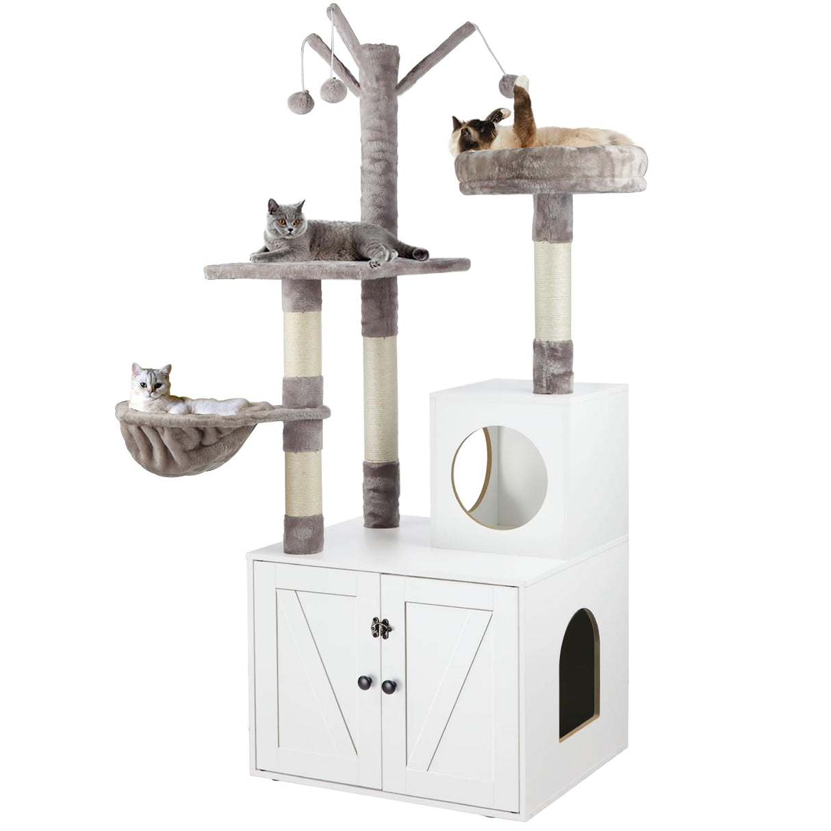 Timberer Litter Box Enclosure with Cat Tree, 2-in-1 Hidden Litter Box Furniture with Scratching Post, Modern Cat Condo, White Timberer