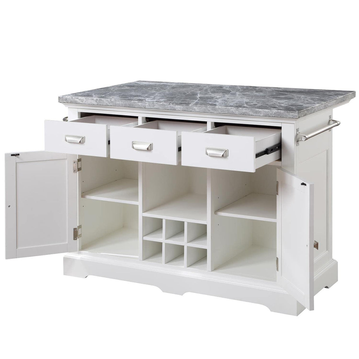 Steve Silver Furniture Zermatt Marble Kitchen Island Counter, 48" Grey Marble Top w/ Dual Storage Doors, 3 Drawers, Wine Rack, Dual Towel-Rack, Seats 2, (Island Only), 48"L x 28"W x 36"H, Grey, White Steve Silver