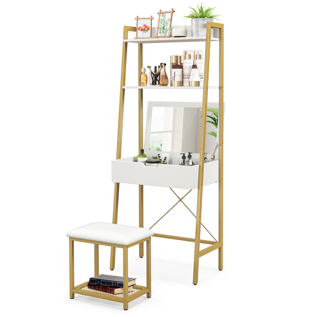 GOFLAME Vanity Table Set with Flip Top Mirror, Ladder Vanity Desk and Cushioned Stool Set with Shelves and Hidden Storage Compartments, Makeup Dressing Table Set for Bedroom, Small Spaces, White+Gold GOFLAME