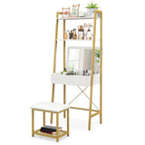 GOFLAME Vanity Table Set with Flip Top Mirror, Ladder Vanity Desk and Cushioned Stool Set with Shelves and Hidden Storage Compartments, Makeup Dressing Table Set for Bedroom, Small Spaces, White+Gold GOFLAME