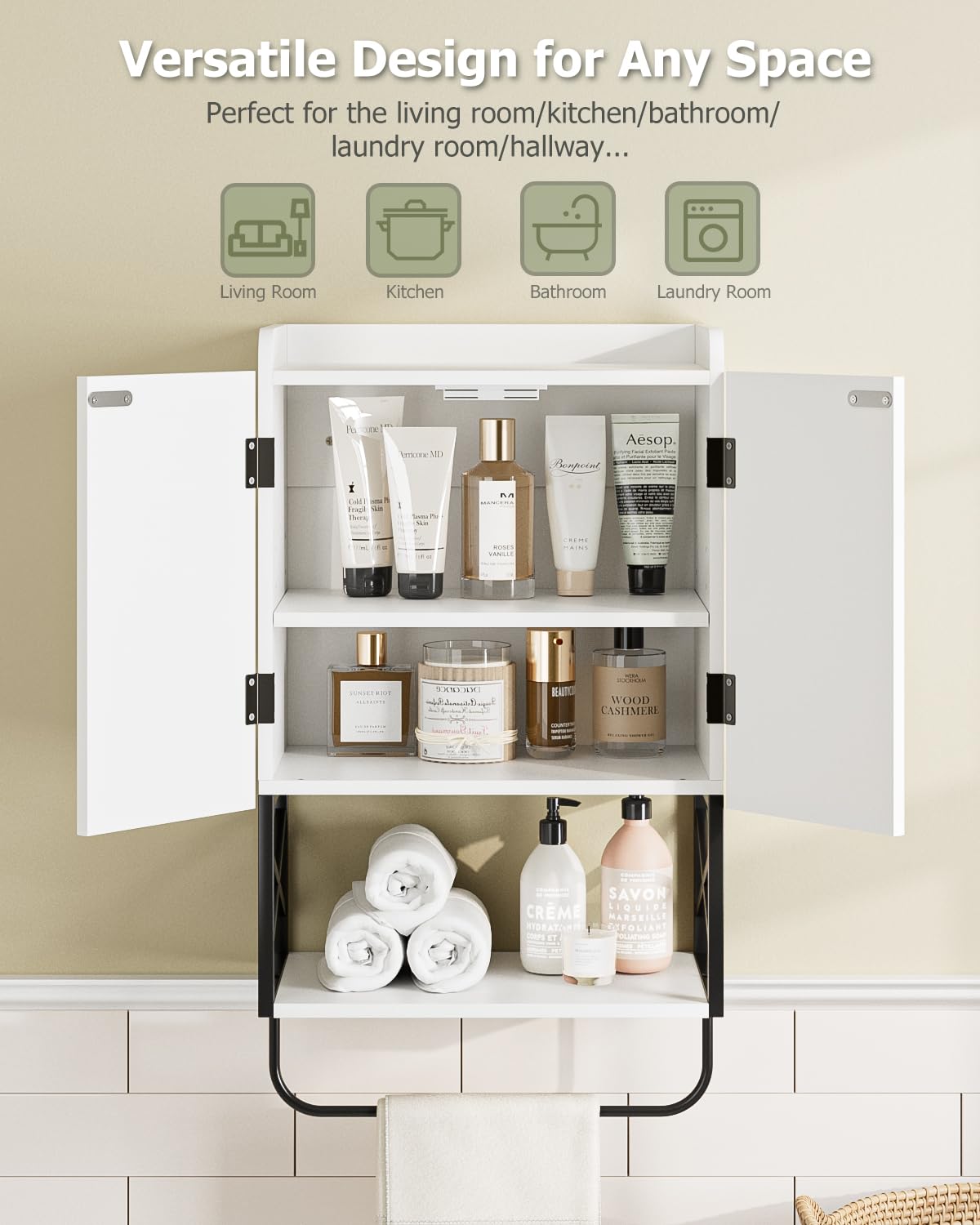 Masupu Fluted Bathroom Wall Cabinet, Small Hanging Bathroom Cabinet with Adjustable Shelf and Magnetic Latch Doors, Wood Wall Mounted Cabinets for Laundry, White Masupu