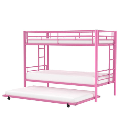 VECELO Twin Over Twin Bunk Bed with Trundle, Convertible Metal Bunkbeds with 2 Ladders and Guardrails, Space Saving, No Box Spring, Pink