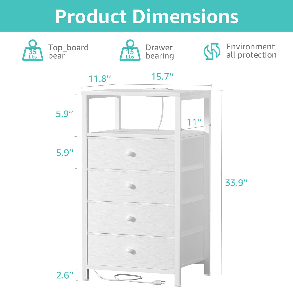 BOLUO Tall Night Stand with Drawers, White Nightstand with Charging Station and LED Light, Small White 4 Drawer Dresser for Bedroom, Room Storage Closet BOLUO