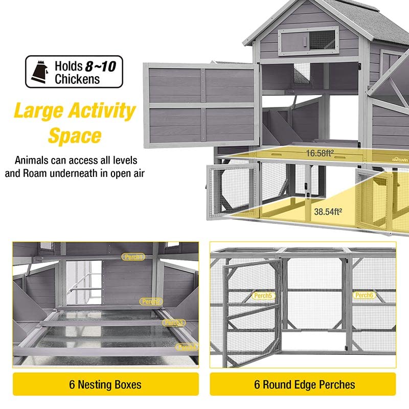 Aivituvin Chicken Coop for 10 Chickens Large Chicken House with Two Nesting Boxes Outdoor Hen House Wooden Poultry Cage with Run 55ft² - WoodArtSupply