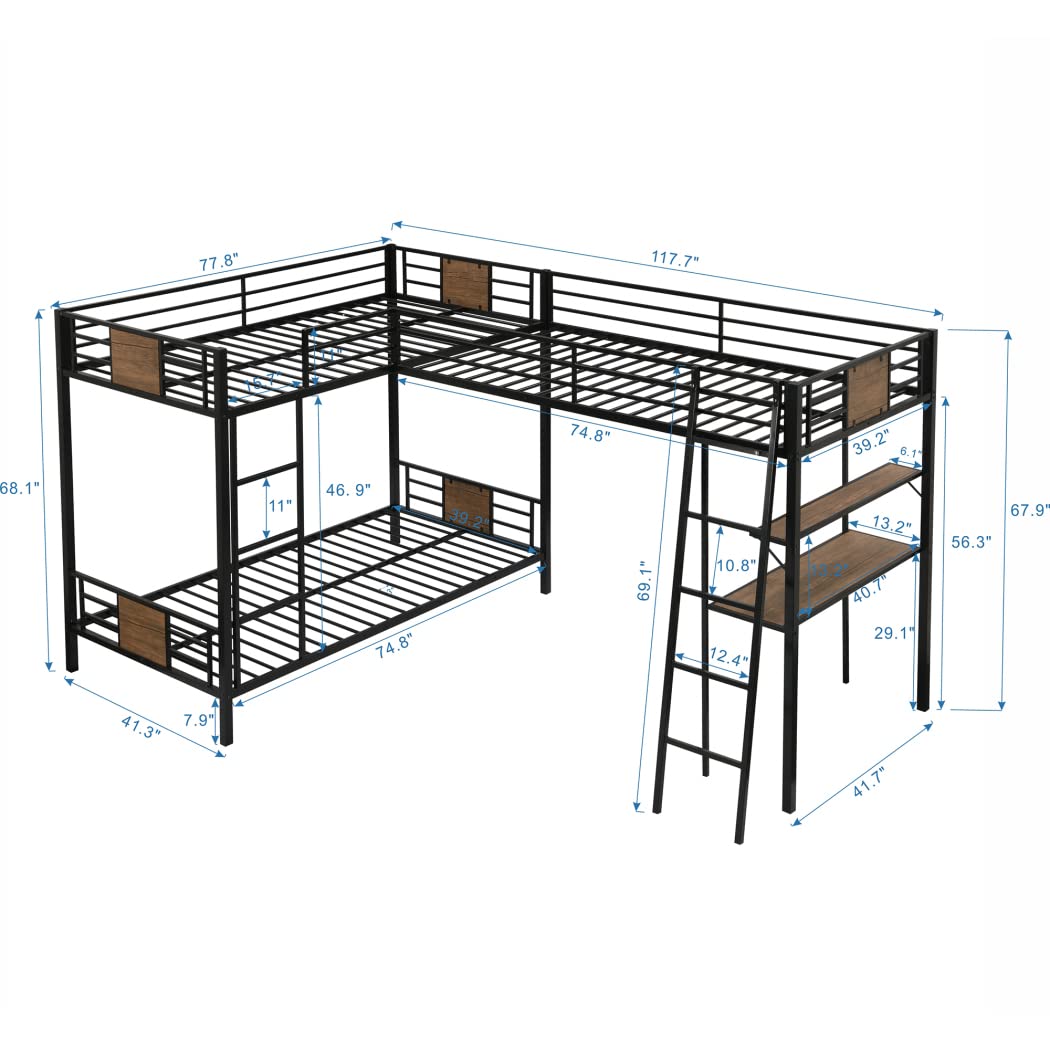 DNChuan Triple Bunk Bed L-Shaped,Twin Over Twin with Twin Loft Bed Desk and Shelf & 2 Ladders - Brown DNChuan