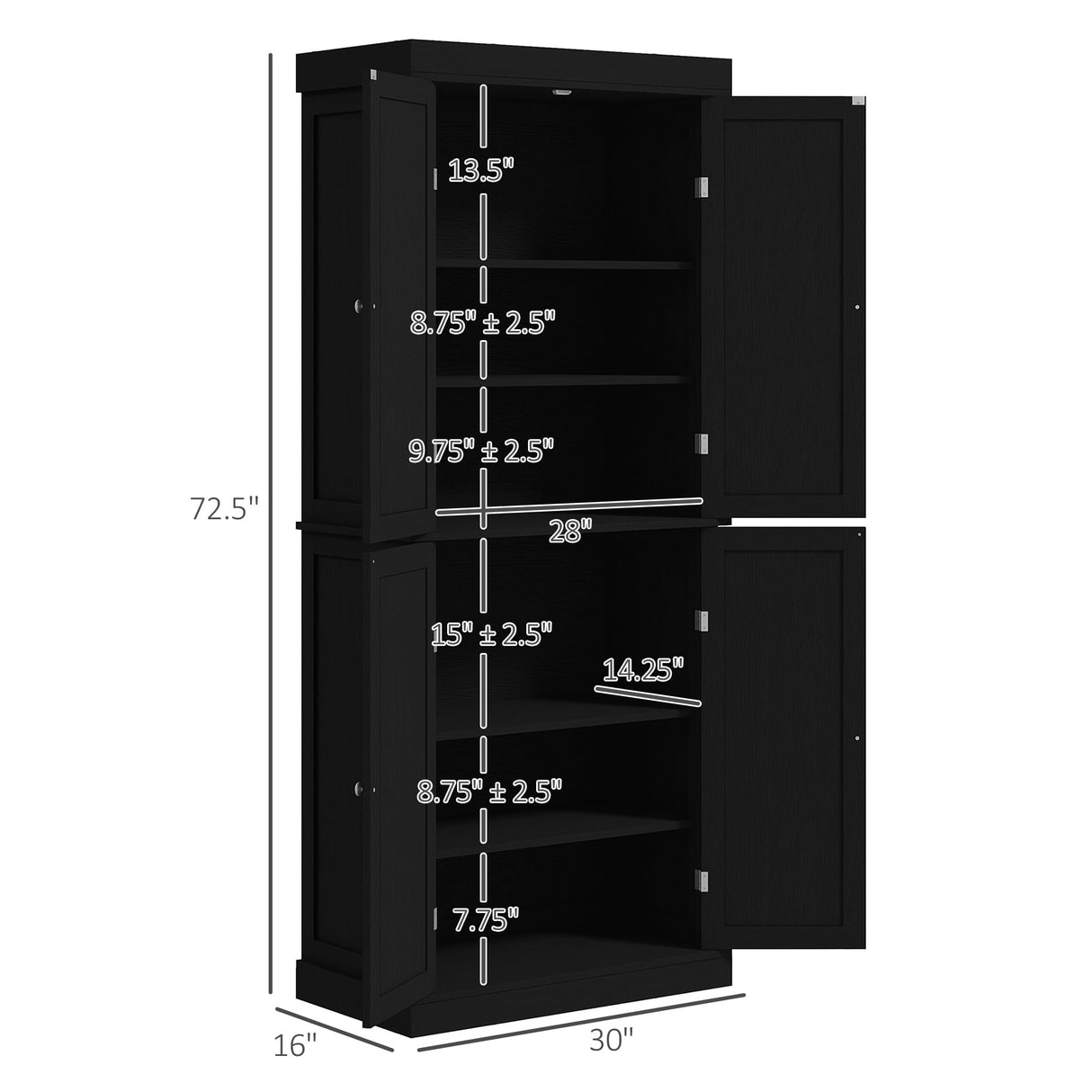 HOMCOM 72.5" Freestanding Kitchen Pantry Cabinet, Tall Storage Cabinet with 4 Doors and 2 Adjustable Shelves for Dining Room, Black Wood Grain HOMCOM