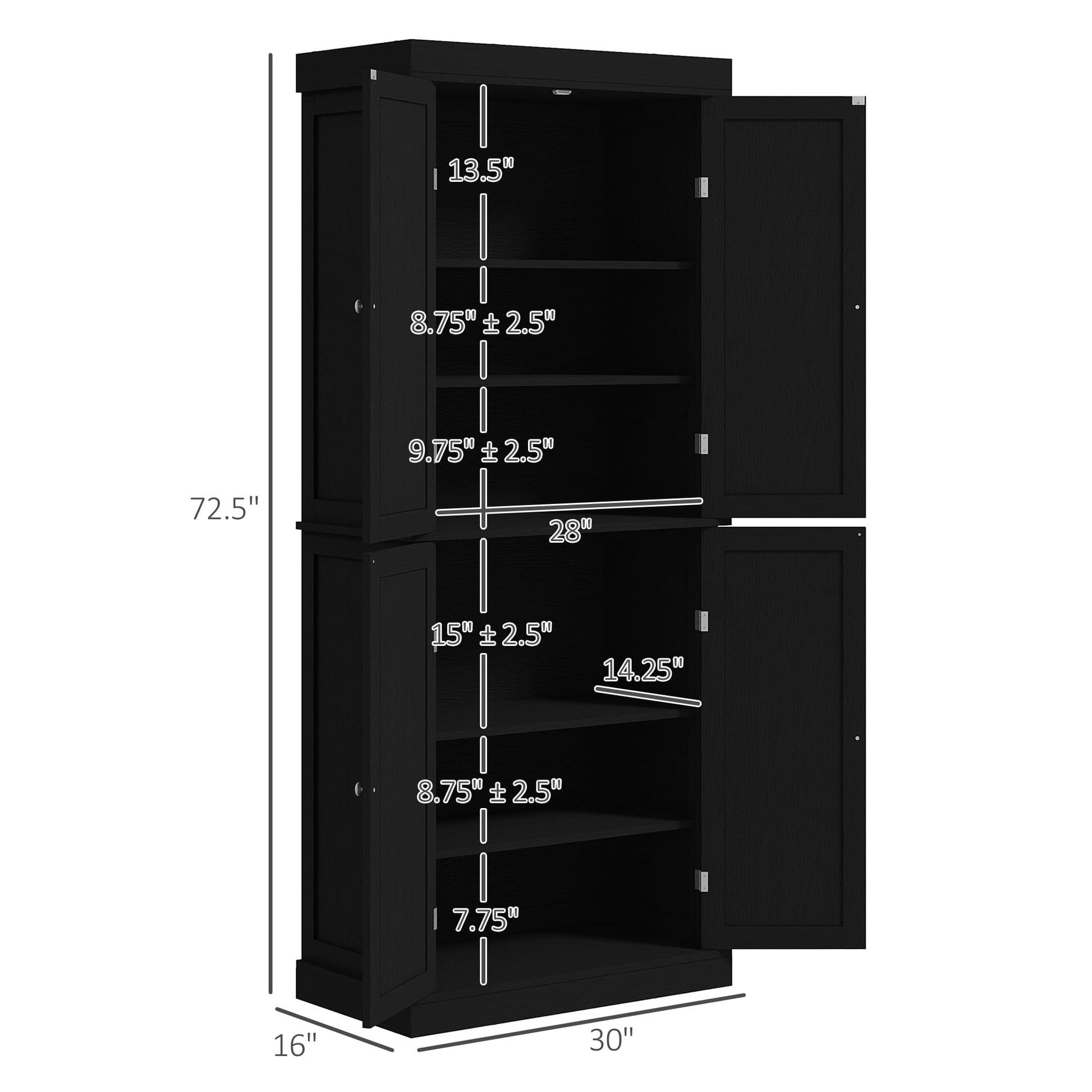 HOMCOM 72.5" Freestanding Kitchen Pantry Cabinet, Tall Storage Cabinet with 4 Doors and 2 Adjustable Shelves for Dining Room, Black Wood Grain - WoodArtSupply