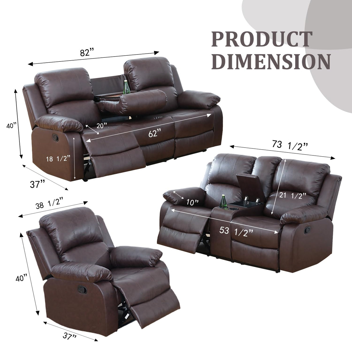 Ocstta Manual Leather Recliner Sofa Set for Living Room Furniture Set,Leather Recliner Couch Set for Home/Office,Leather Reclining Sofa Set for 3-Pieces(Sofa+Loveseat+Chair) Brown Ocstta