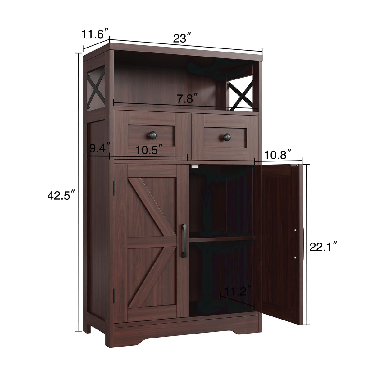 Dark Brown Storage Cabinet with Doors and Shelves - Farmhouse Kitchen Pantry Cabinet with Storage, Coffee Bar Station, Hutch Cupboard for Kitchen, Living Room, Home Office, Dining Room FiveWillowise