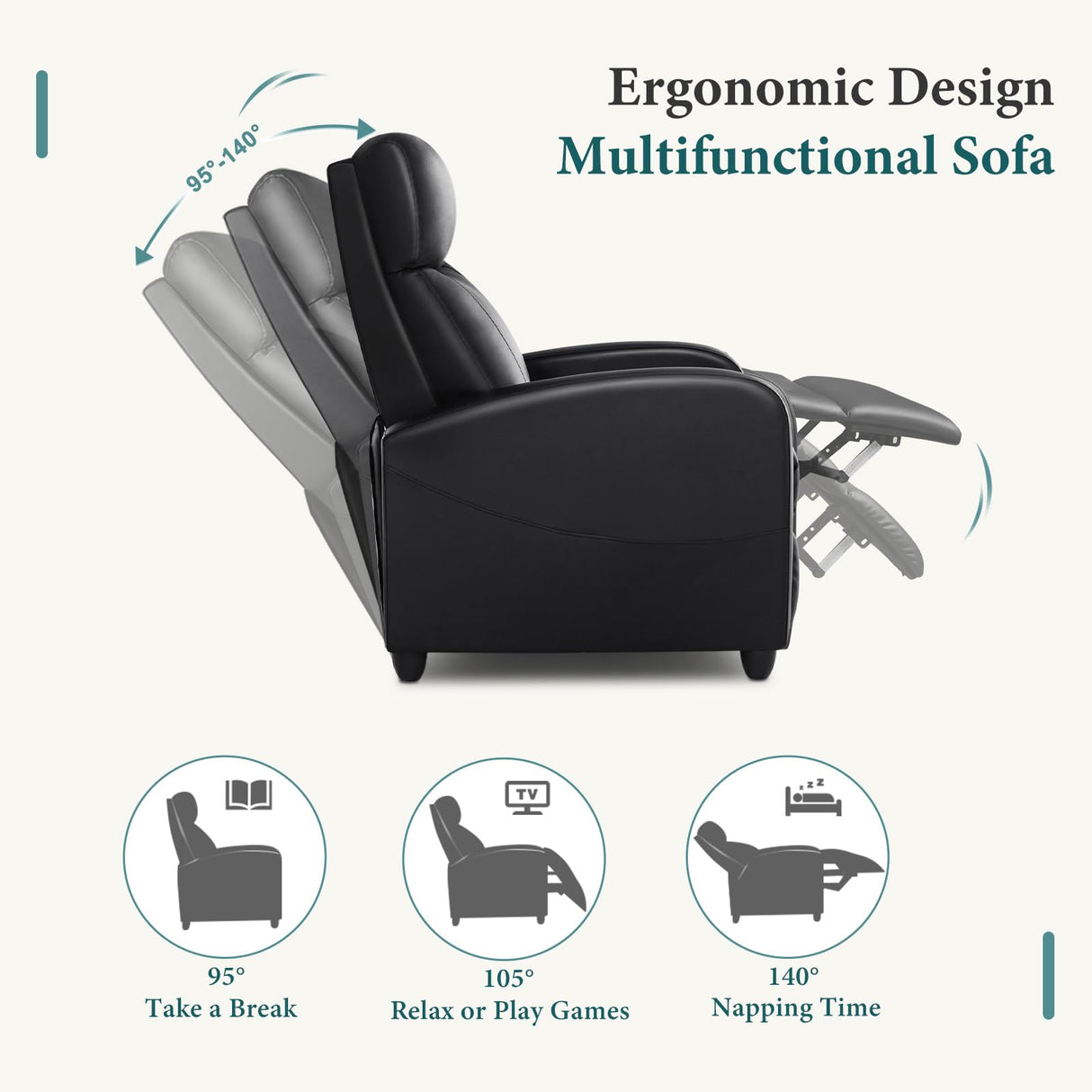 Smug Recliner Chair for Living Room, Leather Home Theater Seating with Lumbar Support with Adjustable Backrest and Footrest, Modern Living Room Furniture with Padded Seat Backrest, Black SMUG