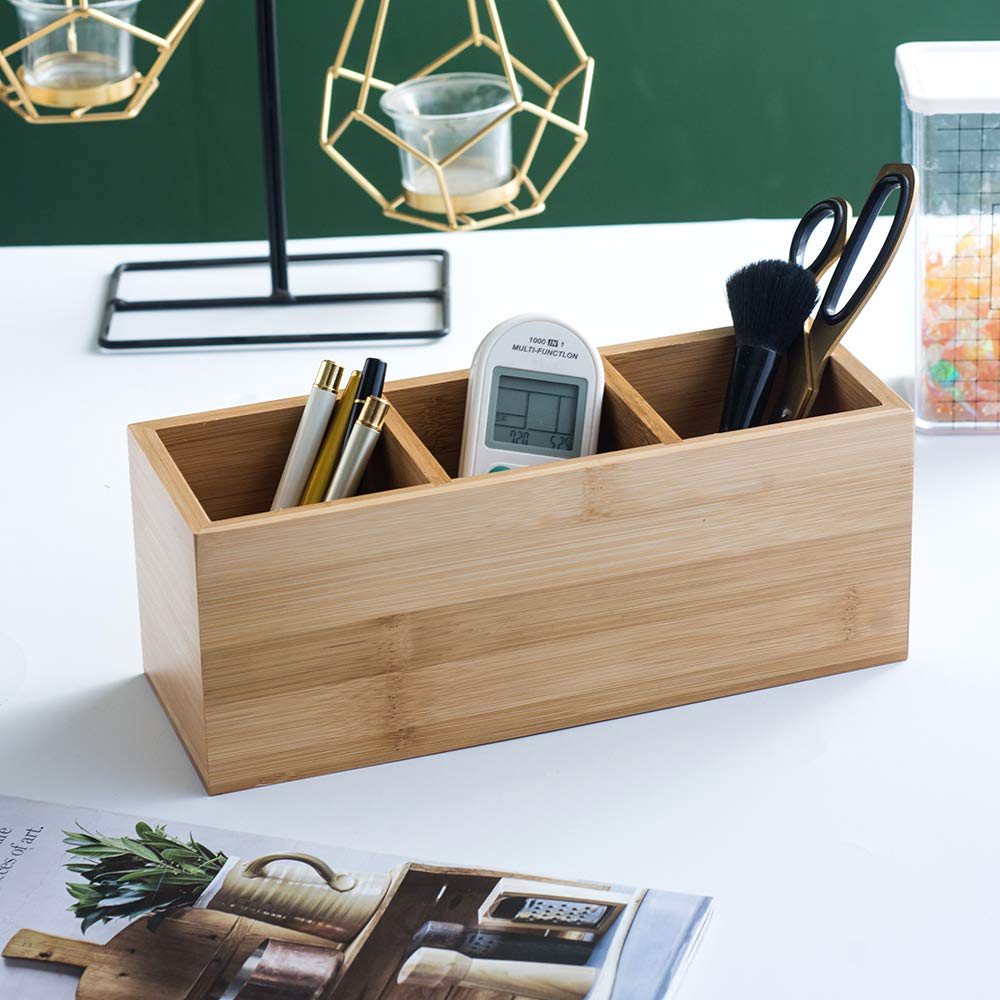 YOSCO Bamboo Wood Pens Pencils Holder Cup for Desk Remote Control Holder, Caddy,Organizer,Desktop Storage with 3 Compartments,Multiuse for Store TV Remotes,Game Console,Phones,Office Supplies (3 Grid) YOSCO