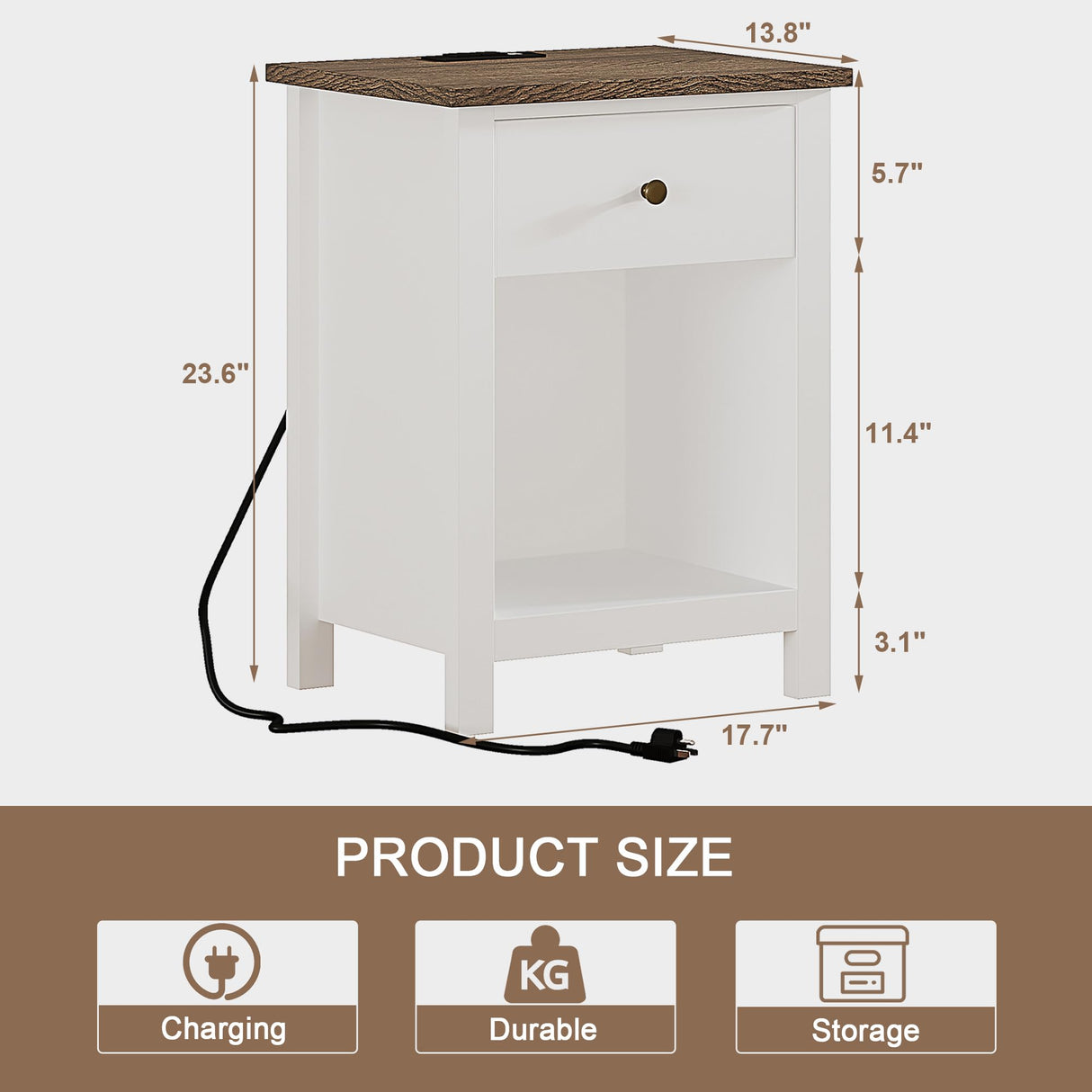 ChooChoo Farmhouse Nightstand Set of 2,Night Stand with Charging Station, Wooden Top Bedside End Table with Drawer and Storage Space for Bedroom, White ChooChoo