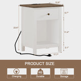 ChooChoo Farmhouse Nightstand with Charging Station, Wooden Top Bedside End Table with Drawer and Storage Space for Bedroom, White ChooChoo