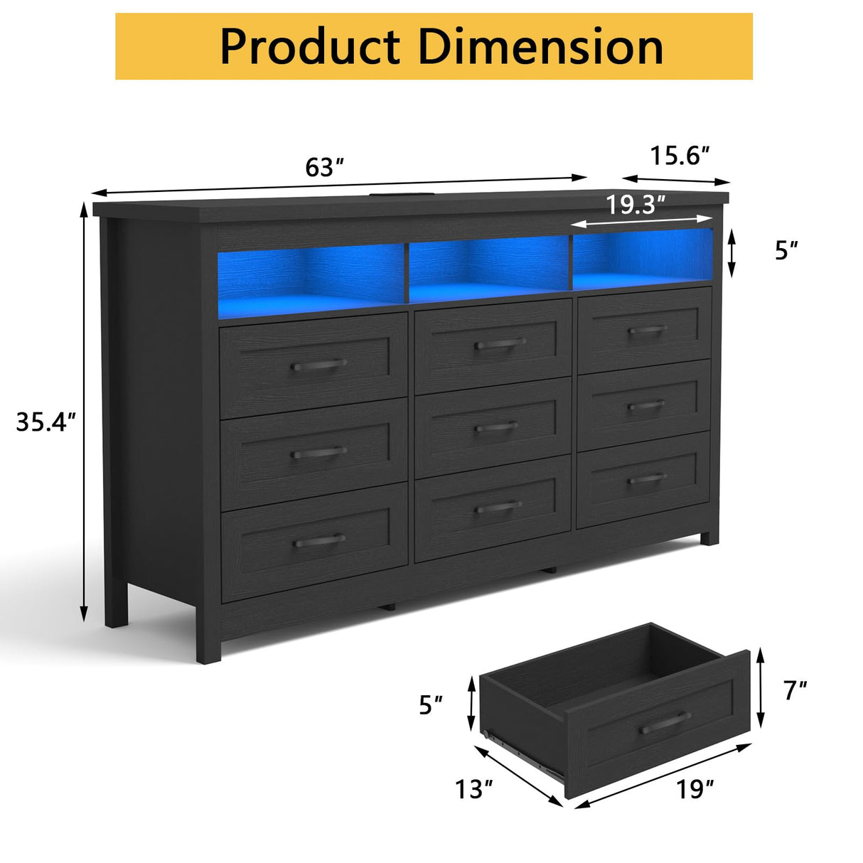 Hlivelood Farmhouse 9 Drawer Dresser with LED Lights, 63" Wide Large Chest of Drawers for Bedroom, Modern Wood Dresser Storage Organizer with Charging Station for Living Room, Bedroom, Hallway, Black Hlivelood