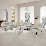 GEBADOL Power Recliner Sofa Set, Genuine Leather Reclining Couch Set, 3 Pieces Top Grain Leather Sofa with Built in Storage Console/USB Port/Cup Holders for Living Room (Light Grey) GEBADOL