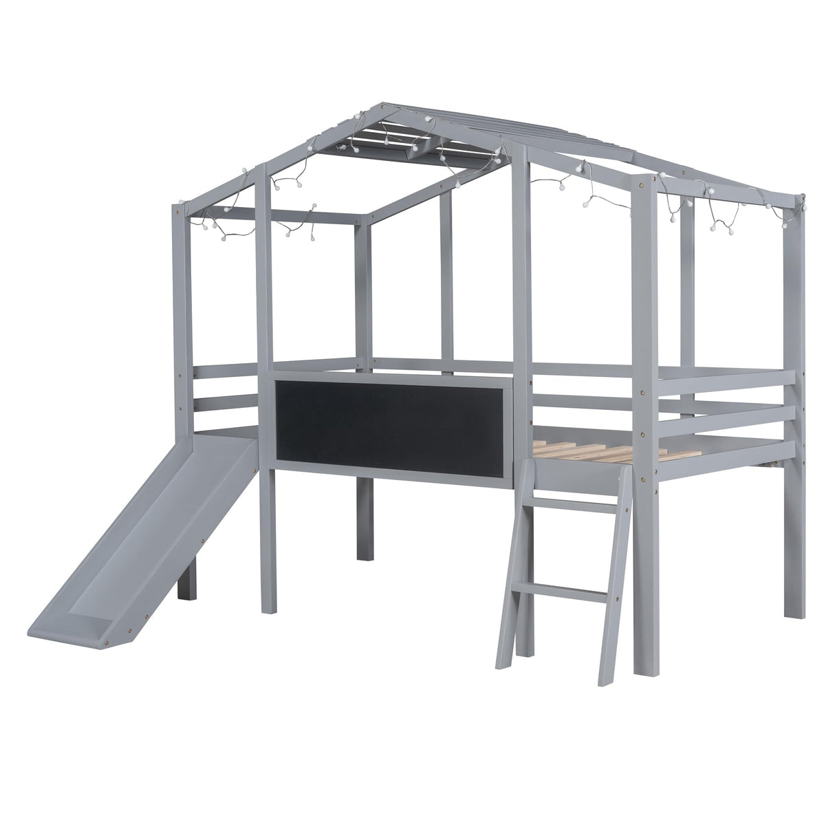 Harper & Bright Designs Kids House Loft Bed with Slide, Twin Size Low Loft Bed with LED Lights & Blackboard, Wood Playhouse Loft Bed with Ladder and Slats Support, for Kids Boys Girls, Gray Harper & Bright Designs