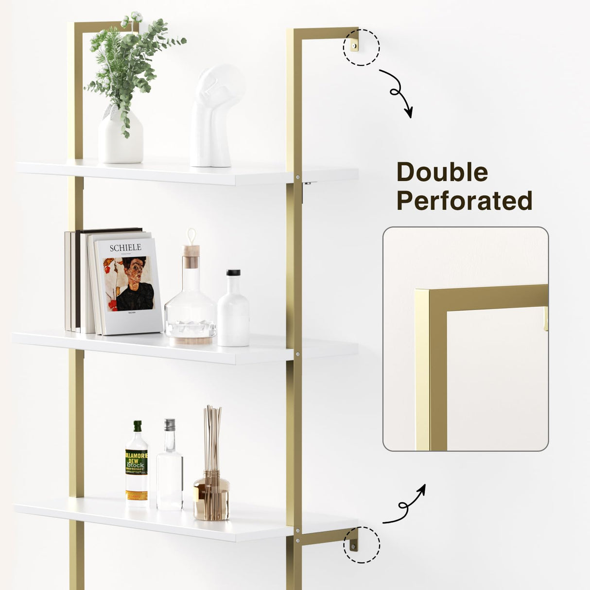 3 Tier White & Gold Ladder Shelf with Storage Cabinet, Modern Ladder Bookshelf with Doors, Wall Mount Bookcase with Metal Frame, Display Shelves for Living Room, Bedroom, Bathroom, Home Office Halitaa