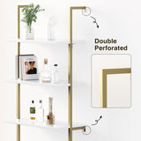 3 Tier White & Gold Ladder Shelf with Storage Cabinet, Modern Ladder Bookshelf with Doors, Wall Mount Bookcase with Metal Frame, Display Shelves for Living Room, Bedroom, Bathroom, Home Office Halitaa