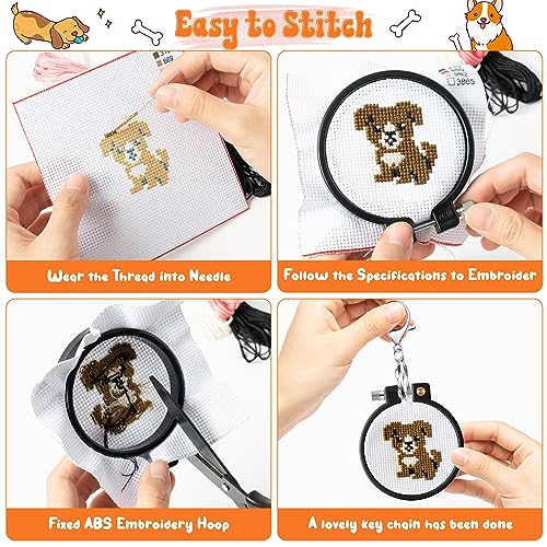 WATINC 10Pcs Embroidery Kit for Kids Stamped Cross Stitch, DIY Key Chain with Puppy Patterns Needlepoint Starter Kits, Craft Supplies for Beginners Children Adults Schoolbag Charms Ornaments