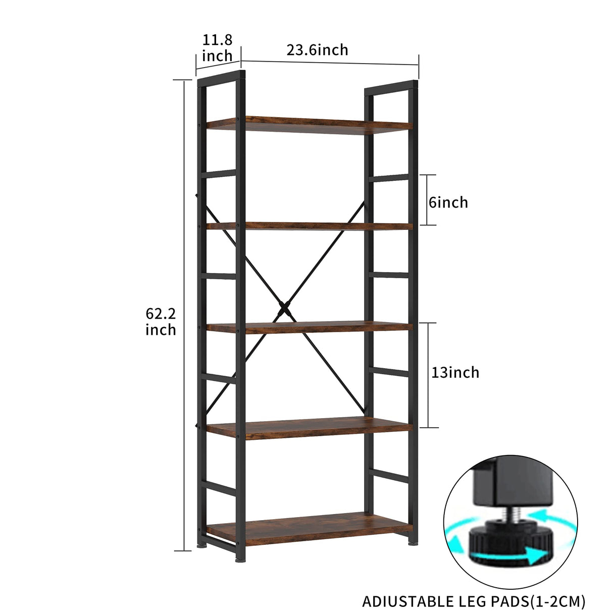 VERMESS 5 Tier Bookshelf, Tall Book Shelf, Vintage Industrial Bookcase with Open Display Shelves, Wood Storage Shelving Unit Metal Frame Standing Bookshelves for Bedroom/Home/Office, Rustic Brown VERMESS
