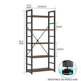 VERMESS 5 Tier Bookshelf, Tall Book Shelf, Vintage Industrial Bookcase with Open Display Shelves, Wood Storage Shelving Unit Metal Frame Standing Bookshelves for Bedroom/Home/Office, Rustic Brown VERMESS