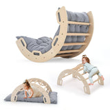 COSYLAND Kids Climber Arch Rocker with Cushion,Wooden Indoor Pikler Climbing Toys for Toddler with 4 Handrails On Each Side,Paintless Indoor Playground Arch Climbing Ladder (Natural) COSYLAND