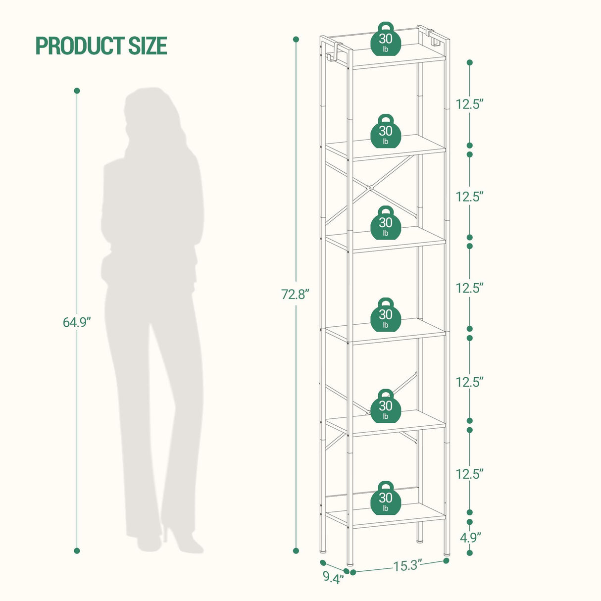 Hzuaneri Bookshelf, Book Shelf, Industrial Bookcase with 2 Hooks, Coner Shelf Storage Organizer for Home Office, Living Room, Bedroom, Kitchen, 6-Tier Greige BC10705B Hzuaneri