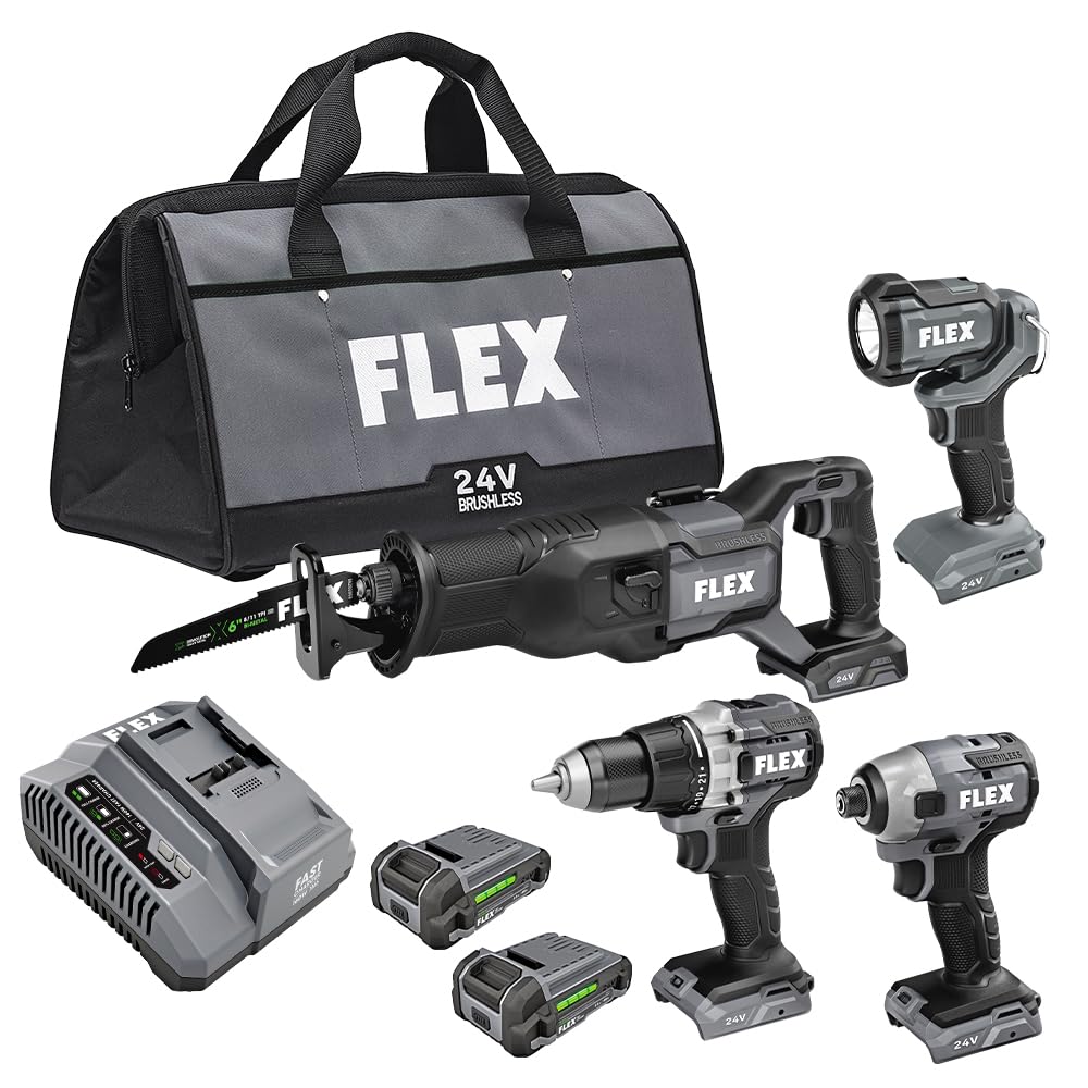 FLEX 24V Brushless Cordless 4-Tool Combo Kit: Drill Driver, Impact Driver, Reciprocating Saw, Work Light with (2) 2.5 Ah Lithium Batteries and 160W Fast Charger - FXM401-2A FLEX