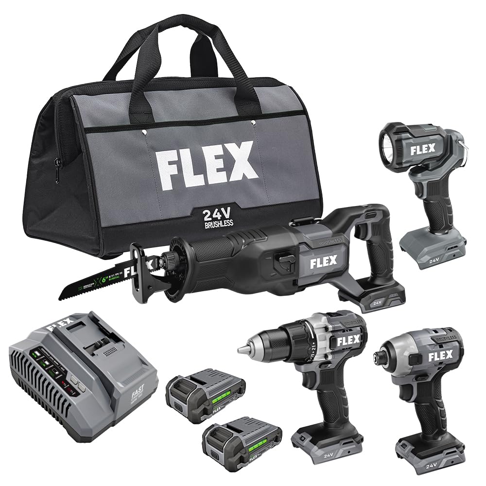 FLEX 24V Brushless Cordless 4-Tool Combo Kit: Drill Driver, Impact Driver, Reciprocating Saw, Work Light with (2) 2.5 Ah Lithium Batteries and 160W Fast Charger - FXM401-2A - WoodArtSupply