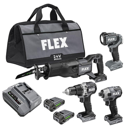 FLEX 24V Brushless Cordless 4-Tool Combo Kit: Drill Driver, Impact Driver, Reciprocating Saw, Work Light with (2) 2.5 Ah Lithium Batteries and 160W Fast Charger - FXM401-2A - WoodArtSupply