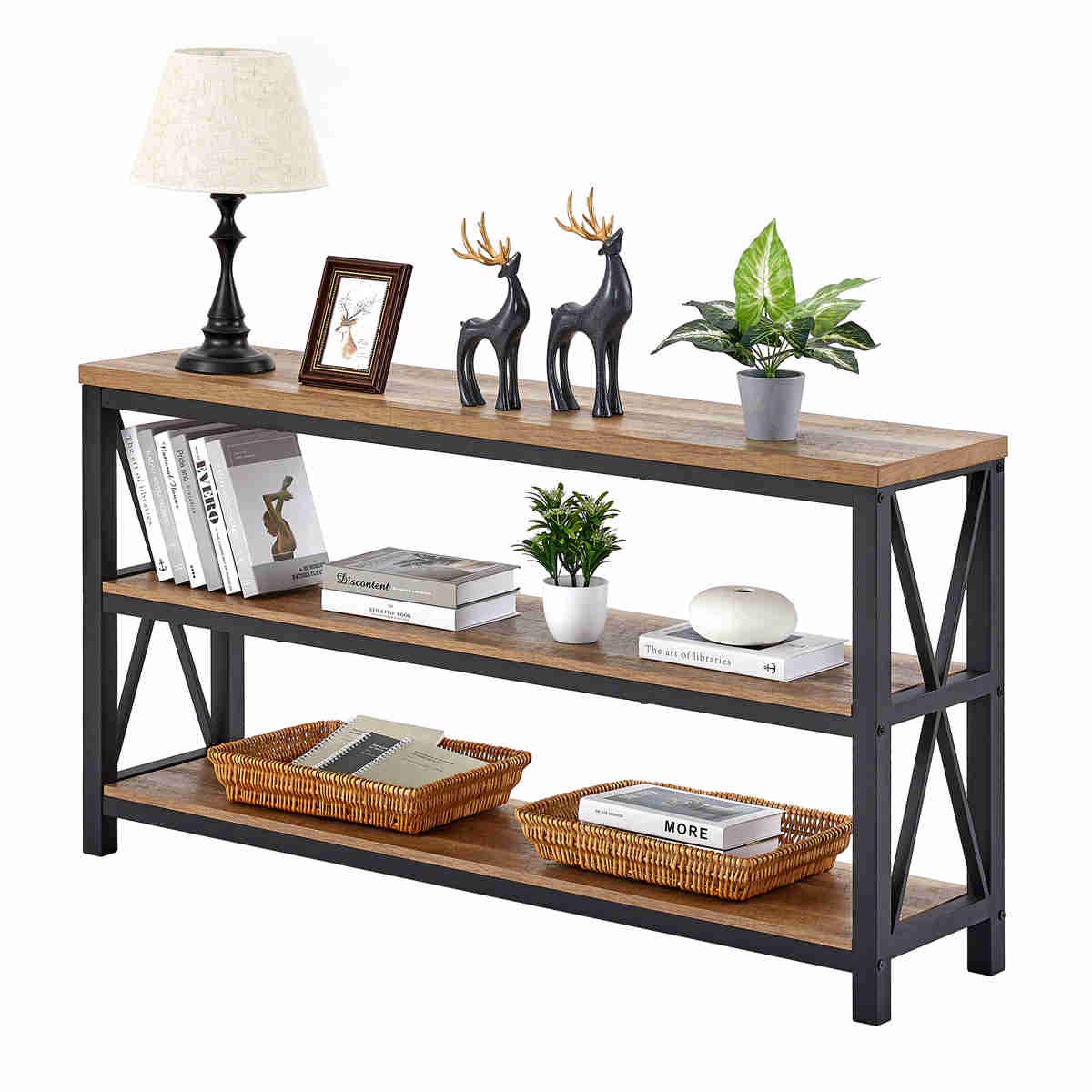 FATORRI Rustic Oak Industrial Console Table with 3-Tier Shelves for Entryway and Living Room